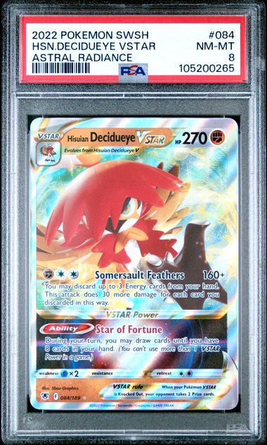 2022 POKEMON SWORD & SHIELD ASTRAL RADIANCE #084 HSN.DECIDUEYE VSTAR ASTRAL RADIANCE PSA8